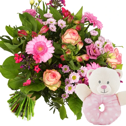 Geboorte boeket roze rammelaar