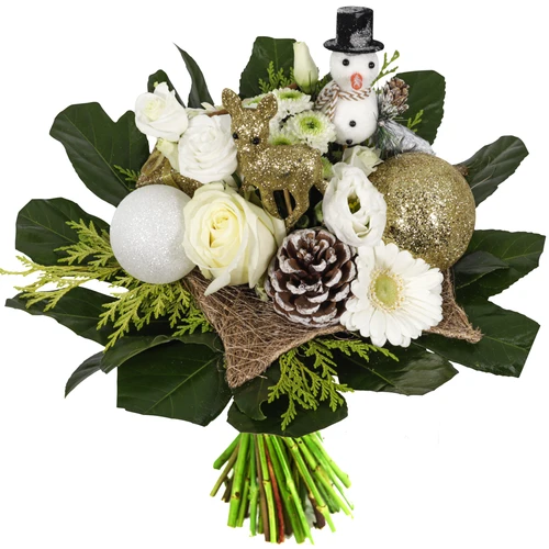 Kerstboeket wit goud in sterframe