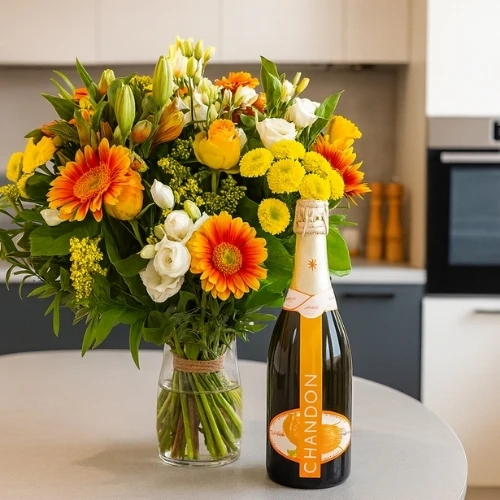 Boeket + fles bubbels Chandon Garden Spritz