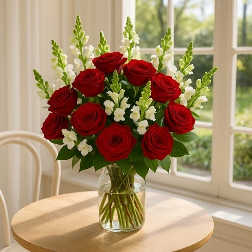 Altijd raak: Rode rozen en witte bloemen