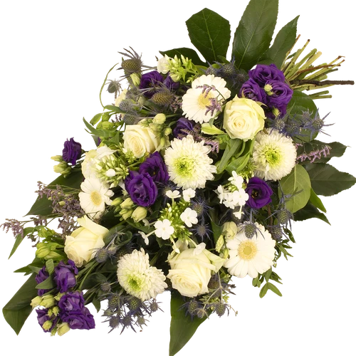 Rouwboeket blauw-paars-wit afbeelding