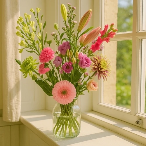 Geplukte roze bloemen incl. melkbus vaas