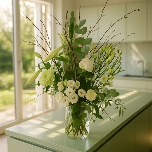 Geplukt wit boeket bloemen incl. melkbus vaas