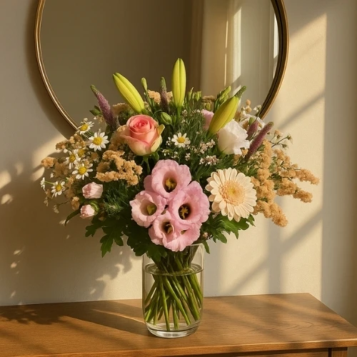 Bloemrijk boeket roze-zalm-wit