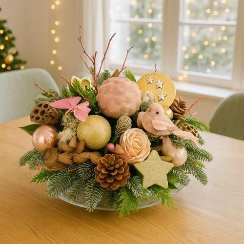 Kerststuk rond ca. 30cm goud roze