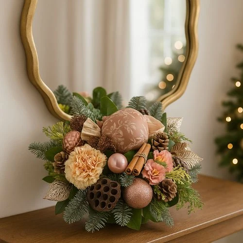 Kerststuk vintage roze koper goud