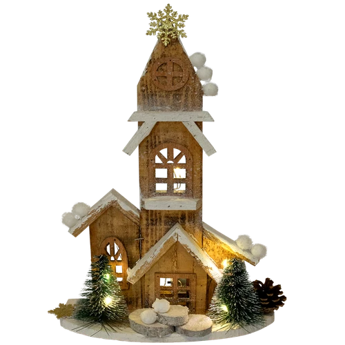 Houten kersthuis + LED H 29cm X B 21cm