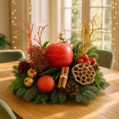 Kerststuk rood-goud met rode bolkaars