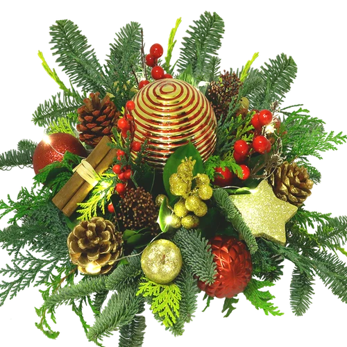 Kerststuk rood-goud met led lampjes