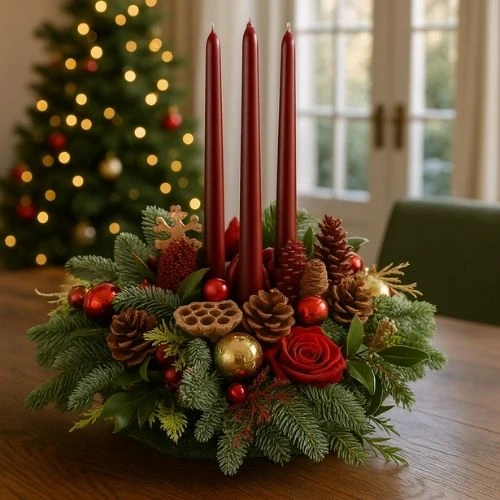 Rond tafel kerststuk rood goud circa Ø 45cm
