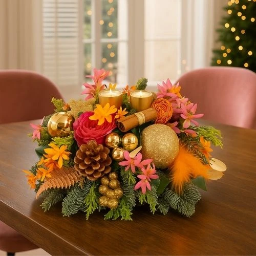 Kerststuk trendy met 2 waxine goud