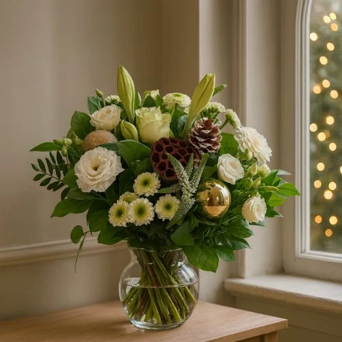 Kerstboeket wit met kerstdeco