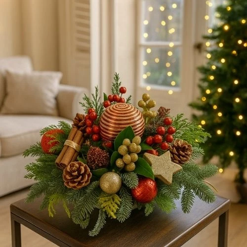 Kerststuk rood-goud met led lampjes