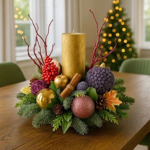 Bont kerststuk ca. Ø 35 cm met dikke gouden kaars
