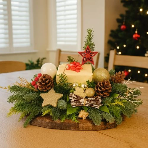 Chocolade kerststuk met feestchocolade