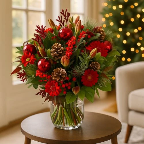 Kerstboeket rood bloemen + kerstdeco