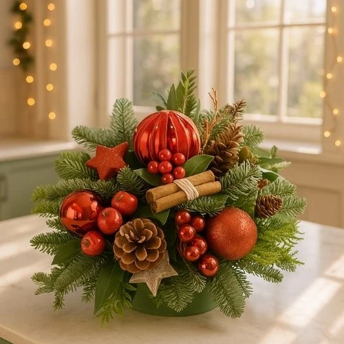 Kerststuk biedermeier Rood - Groen