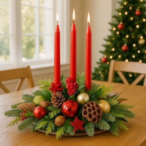 Tafel kerststuk 60 cm met rode kaarsen