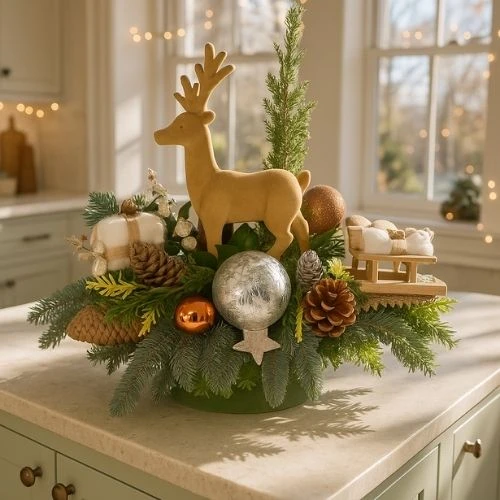 Kerststuk bruin hert L 57cm X B 32cm X H 45cm