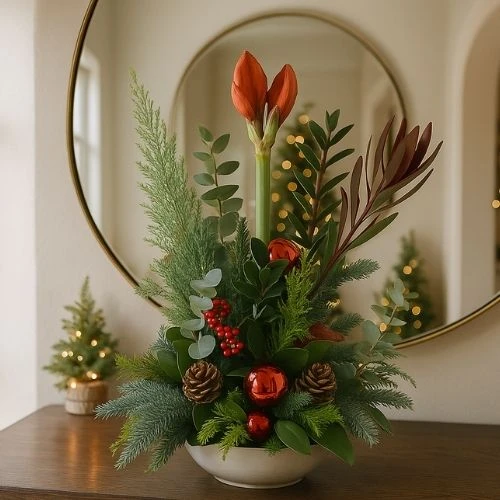 Kerststuk met 1 Amaryllis ca. 60 cm hoog