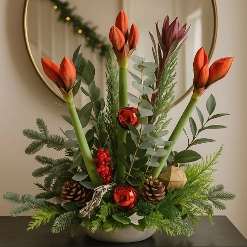 Kerststuk 3 Amaryllissen ca. 60 cm hoog