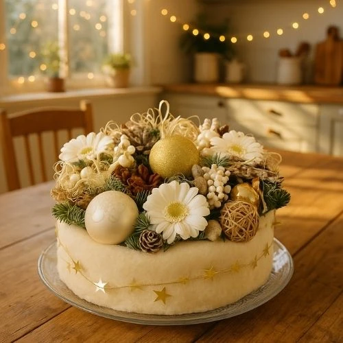 Kerst bloementaart wit - goud
