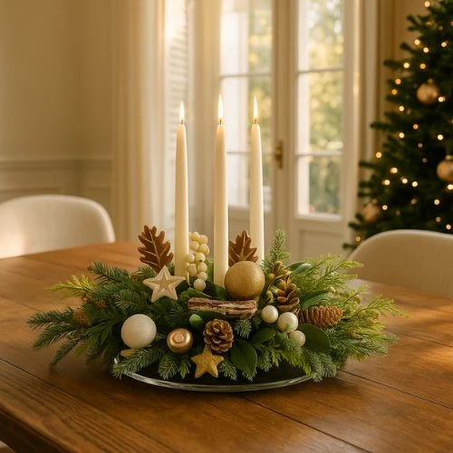Tafel kerststuk 60 cm met lange witte kaarsen