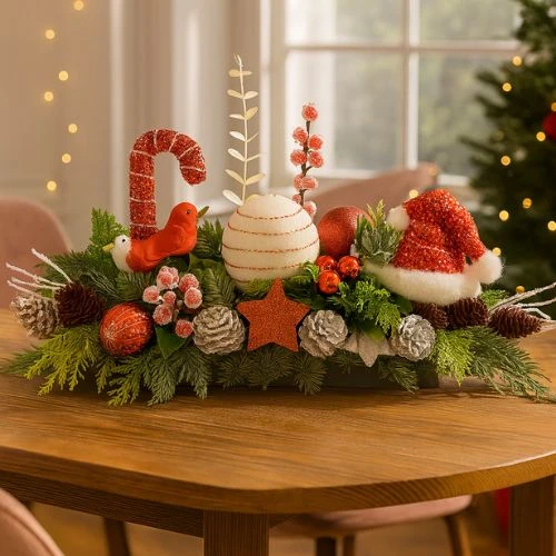 Kerststuk Candy cane langwerpig 55cm lang