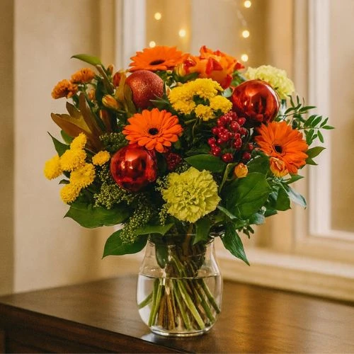 Kerstboeket oranje geel o.a rode kerstballen met o.a rode kerstballen