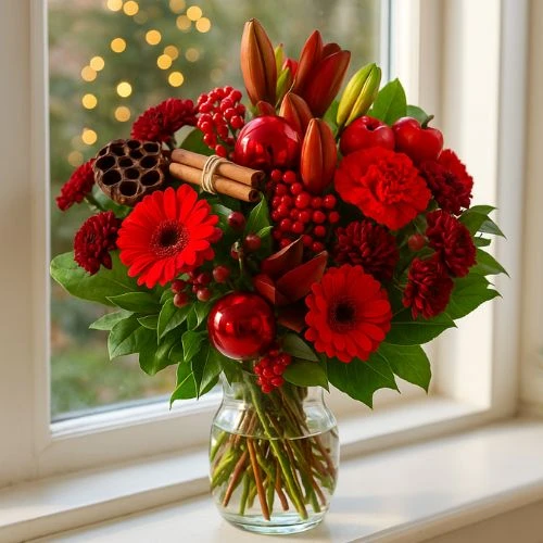 Kerstboeket rood en kerstdeco