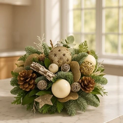 Kerststuk biedermeier Goud - Brons - Wit