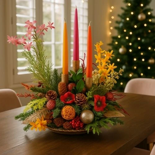 Trendy kerststuk oranje roze rood