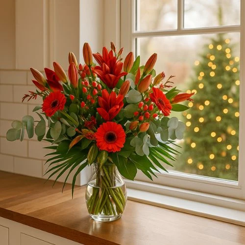 Kerstboeket van rode lelies en bloemen