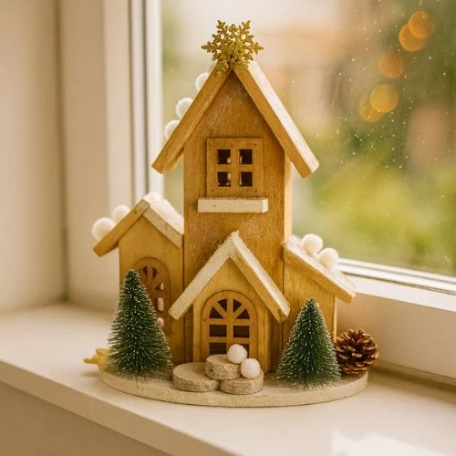 Houten kersthuis + LED H 29cm X B 21cm