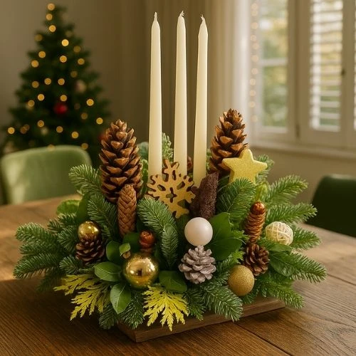 Rond Tafel kerststuk wit naturel circa Ø 45cm