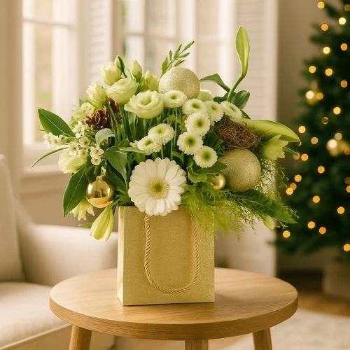 Goud tasje gevuld met kerstbloemen