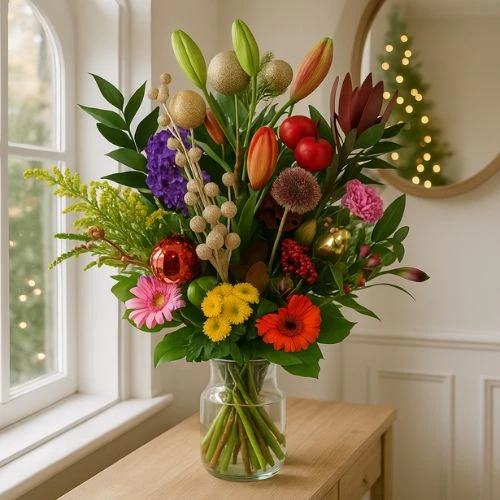 Pluk kerstboeket bonte bloemen