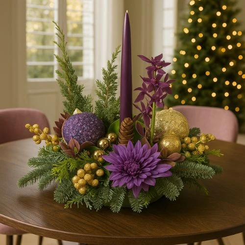Kerststuk trendy goud - paars