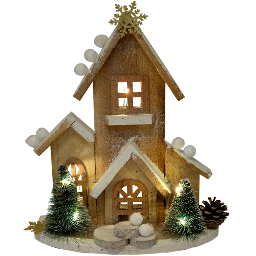 Houten kersthuis + LED H 29cm X B 21cm