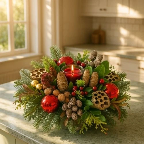 Kerststuk waxinelichtje ca. 35cm Rood - Goud