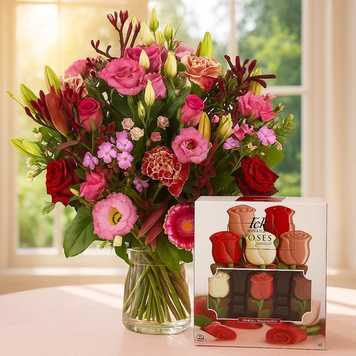 Boeket Romance + rozen chocolade