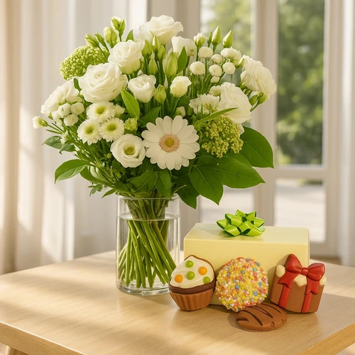 Boeket witte bloemen + 250 gram feestchocolade