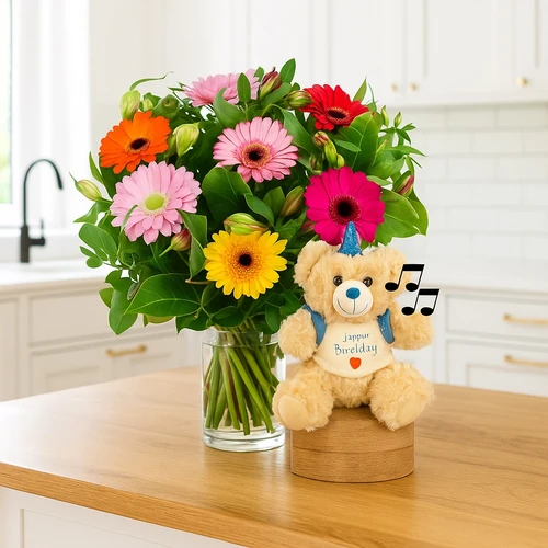 Boeket verjaardags bloemen + happy birthday knuffel