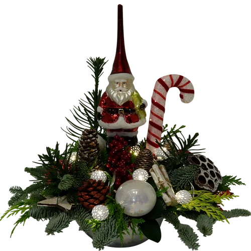 Kerststuk met piek De kerstman + led bolletjes verlichting