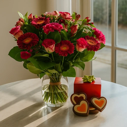 Roze bloemen + hartjes chocolade