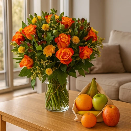 Boeket oranje rozen en bloemen + zak vers fruit