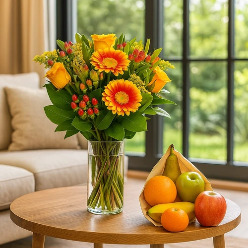Boeket bloemen + zak vers fruit