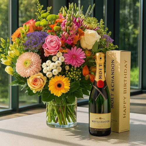 Verjaardags boeket pastel + Happy Birthday Champagne