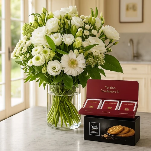 Witte bloemen + koek en thee