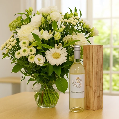 Springerig wit boeket + fles witte wijn